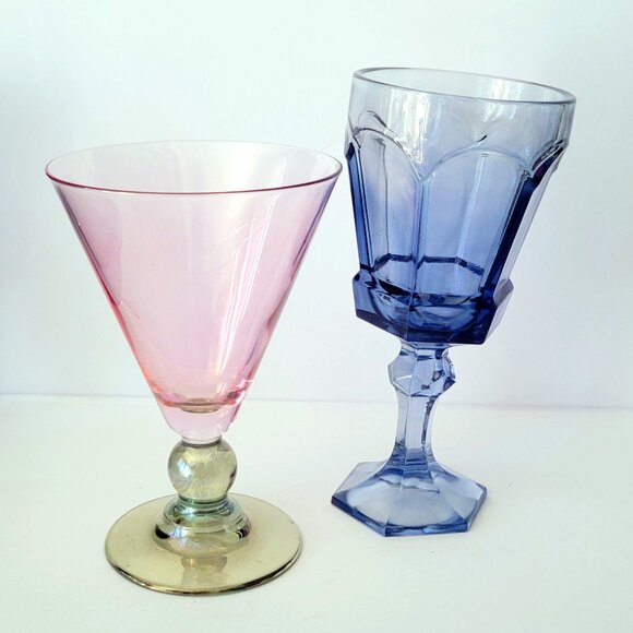 Retro Mis Matched Drinking Glass Set Vintage Post Modern Home Decor Unique Wine - Picture 6 of 7